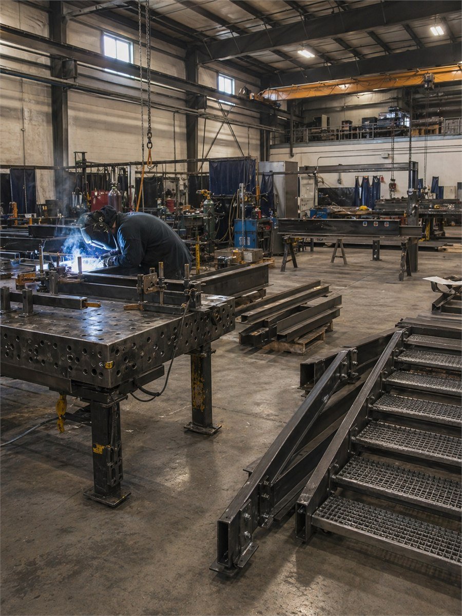 Interior of the Art Metal fabrication shop in Ontario with mezzanine components laid out