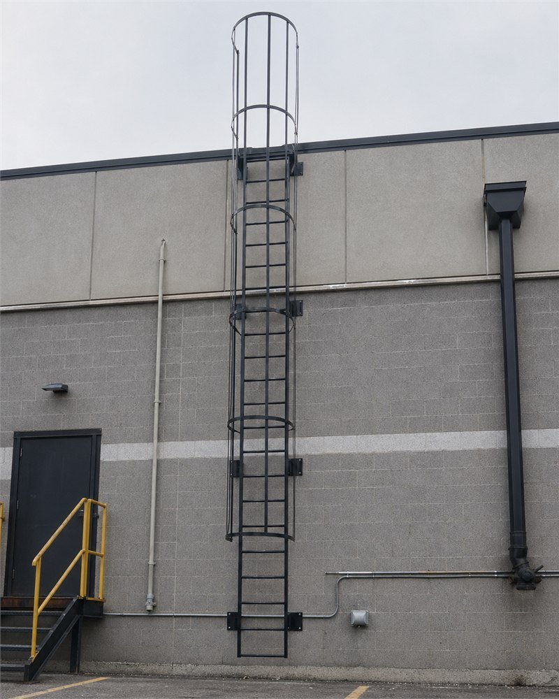 Galvanized fixed steel ladder with safety cage on the side of an industrial silo