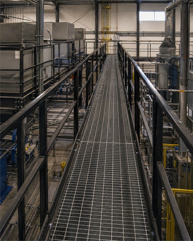Steel catwalk service route between equipment platforms in an Ontario manufacturing facility, with bar-grate deck and 42-inch guard each side