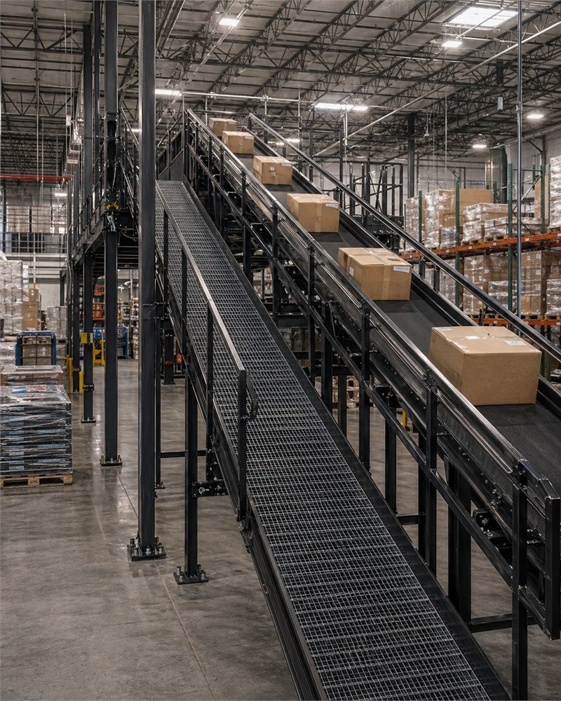 Steel conveyor support platform installed in an Ontario fulfillment facility, supporting a takeaway belt with integrated service catwalk