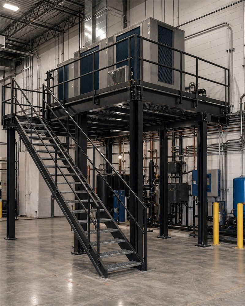 Steel equipment-support platform with HVAC unit and service catwalk in an Ontario industrial facility