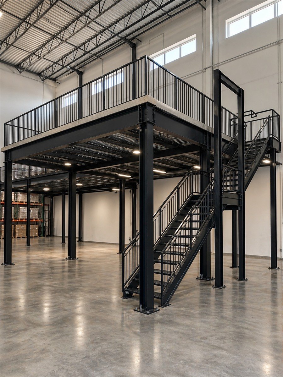 Installed structural steel mezzanine inside an Ontario warehouse — beam, columns, and guardrail visible
