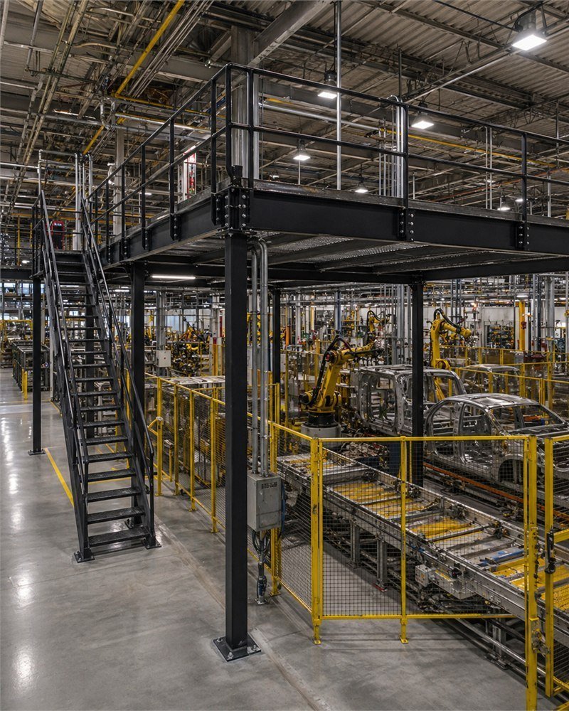 Steel catwalk and conveyor support structure in an Ontario automotive parts manufacturing facility, with painted frame and bar-grate deck