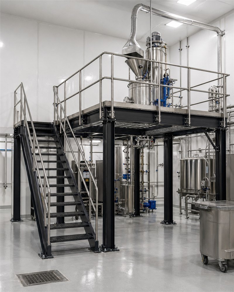 Steel work platform with continuous welds and epoxy finish in an Ontario licensed cannabis processing facility