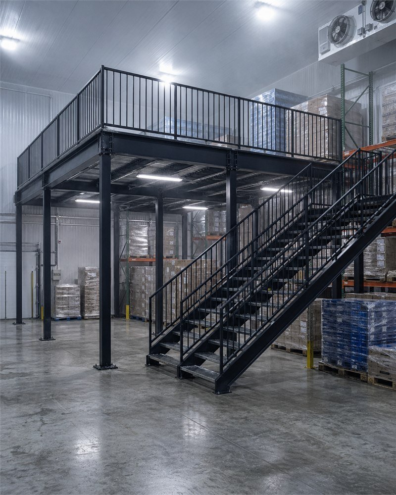 Steel mezzanine installed in an Ontario freezer warehouse with notch-tough steel grade and bar-grate deck for frost shedding
