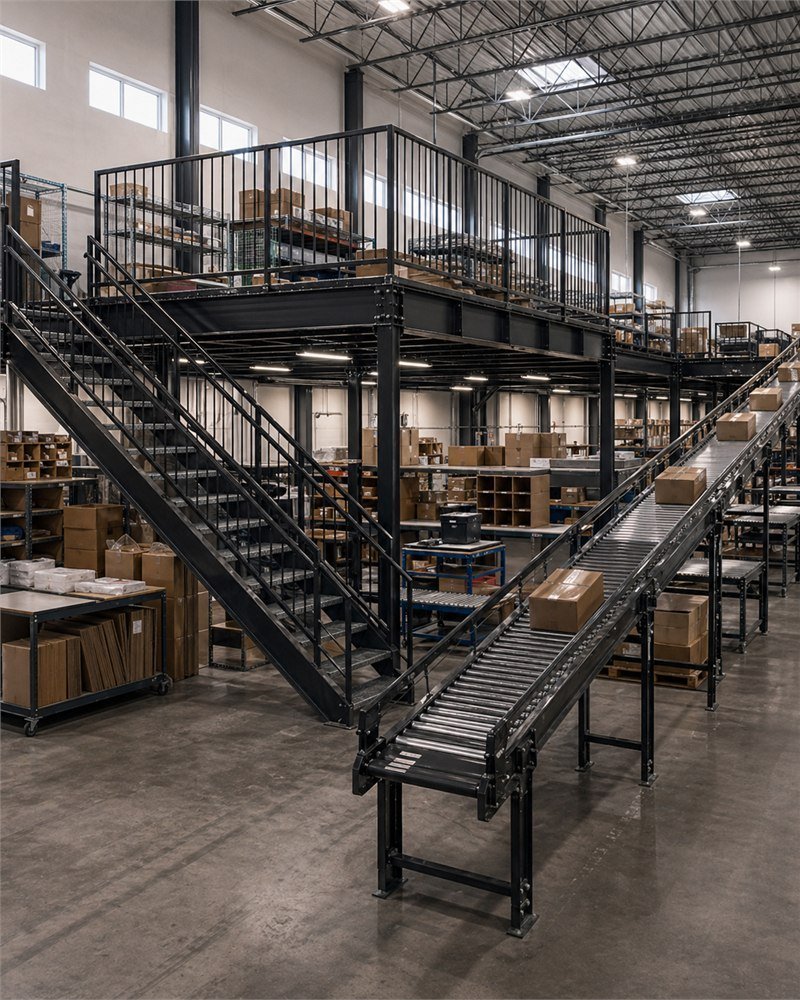 Two-tier pick mezzanine with bar-grate deck and conveyor takeaway in an Ontario e-commerce fulfillment facility