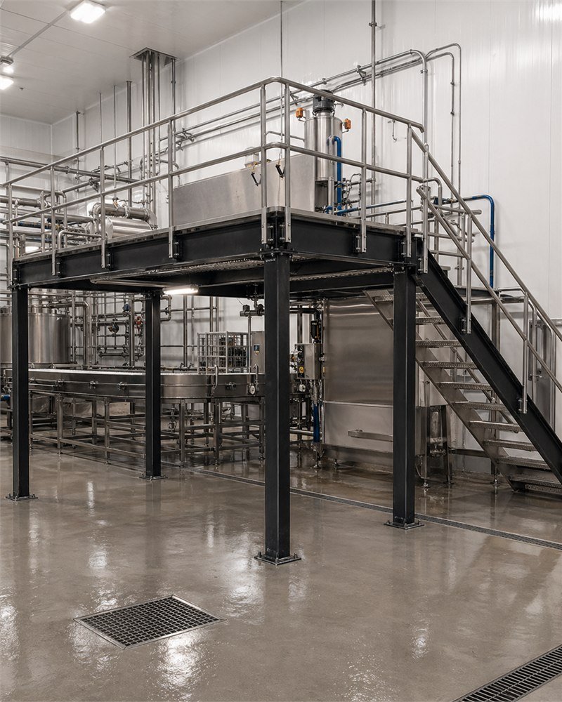 Steel work platform with food-grade epoxy finish in an Ontario food processing facility, with drainage-aware geometry and continuous-weld details