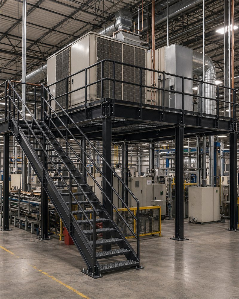 Equipment-support platform with HVAC unit and service catwalk in an Ontario manufacturing facility