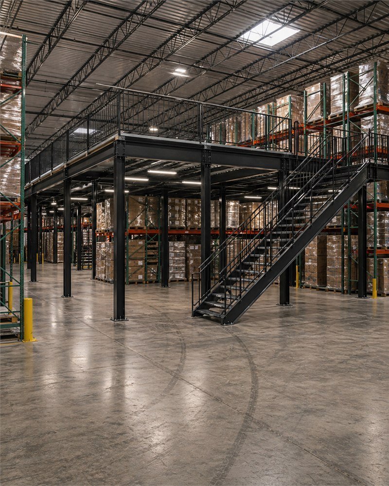 Storage mezzanine installed inside an Ontario distribution centre with pallet racking on the deck and an access stair tower
