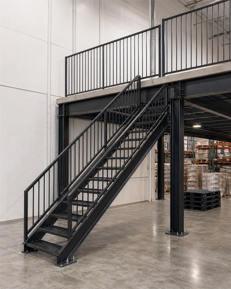Steel mezzanine access stair installed alongside a structural mezzanine in an Ontario warehouse