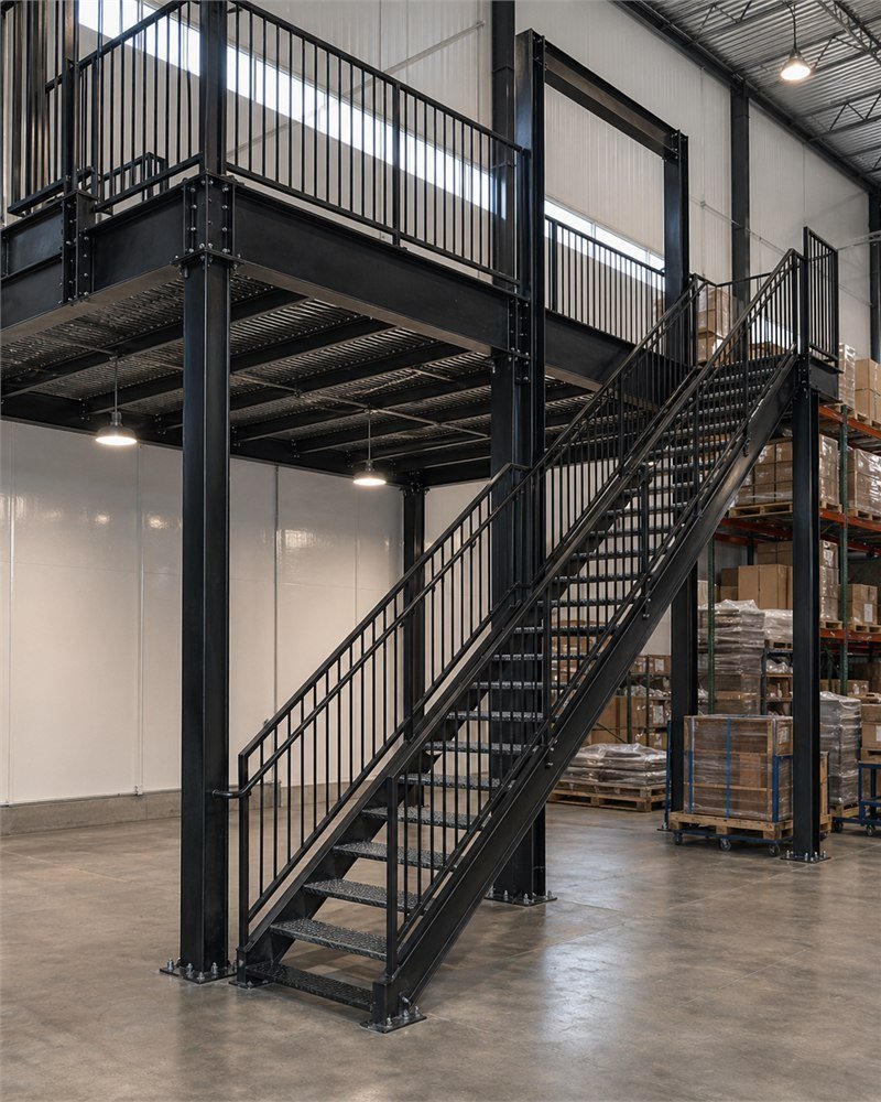 Two-tier structural mezzanine installed inside a warehouse, with access stair tower