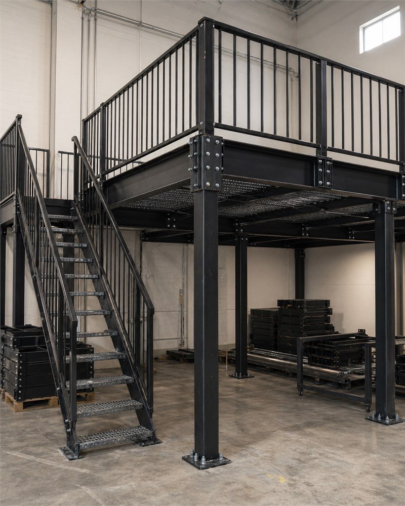 Bolt-together modular mezzanine installation in an Ontario warehouse — A325 structural bolted connections, bar-grate deck