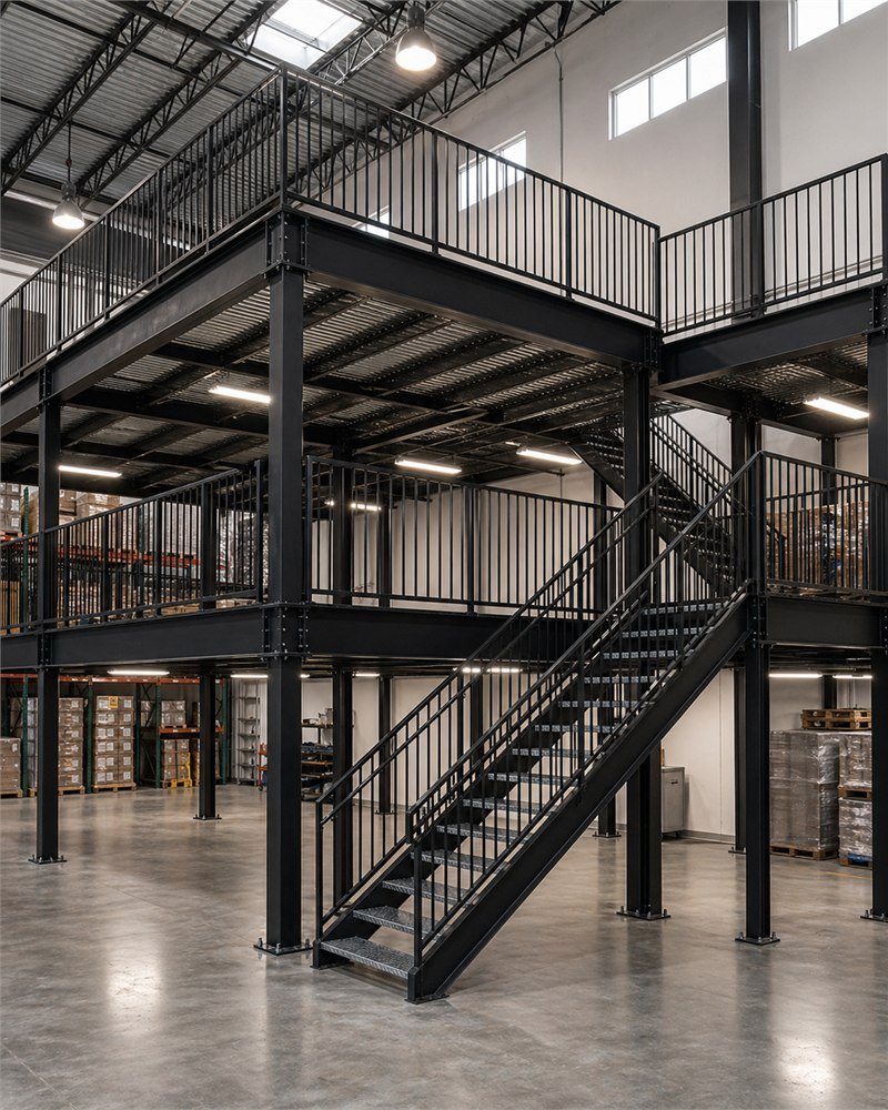 Three-tier structural steel mezzanine installed in an Ontario distribution centre with multiple stair access points
