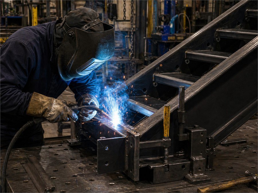 CWB-certified welder at work on a mezzanine beam in the Span Line shop