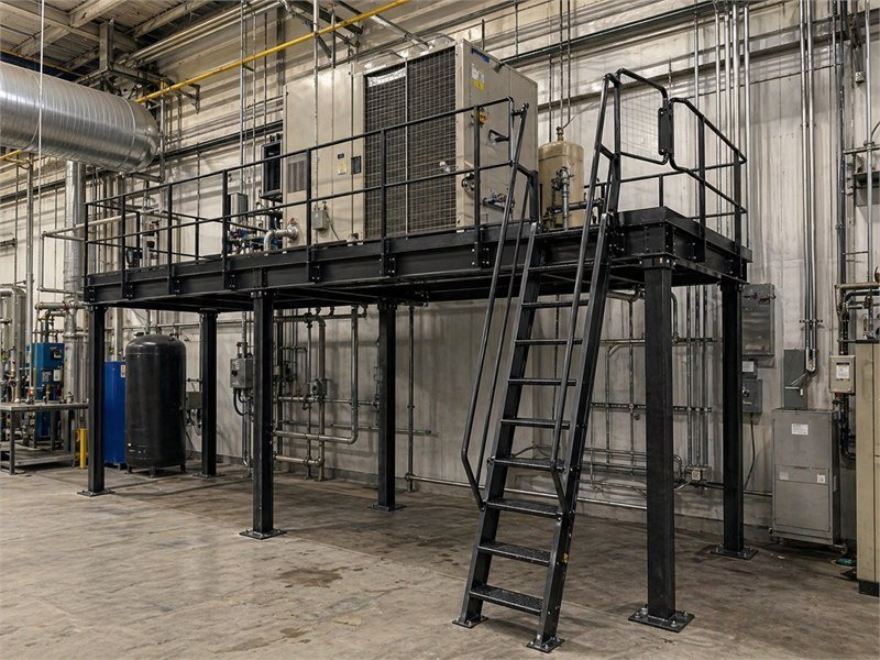 Hamilton plant equipment platform — Equipment-access work platform with ship's ladder and pivot-arm handrail.