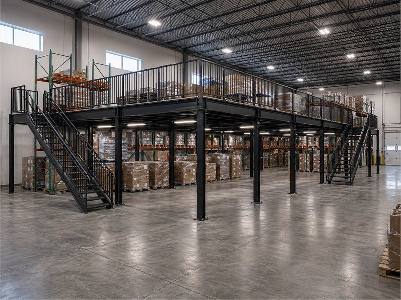 Mississauga distribution centre — 6,400 sqft storage mezzanine, 250 psf rating, two access stair towers.