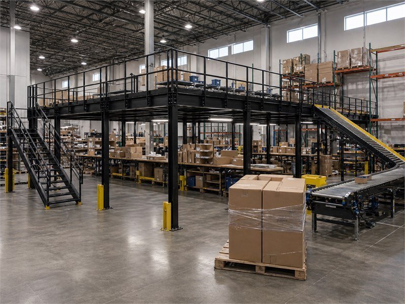 Vaughan e-comm picking deck — 4,200 sqft single-tier pick mezzanine with pallet drop and bar-grate deck.