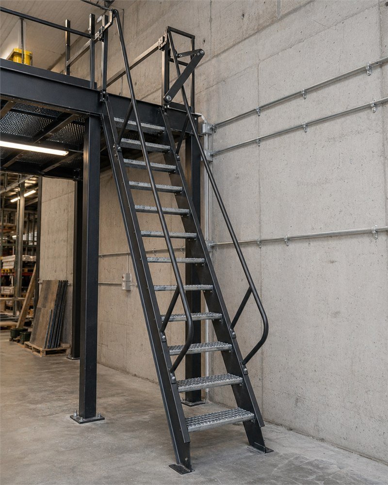 Steel ship's ladder providing access to a maintenance mezzanine — grip-strut treads with pivot-arm handrail