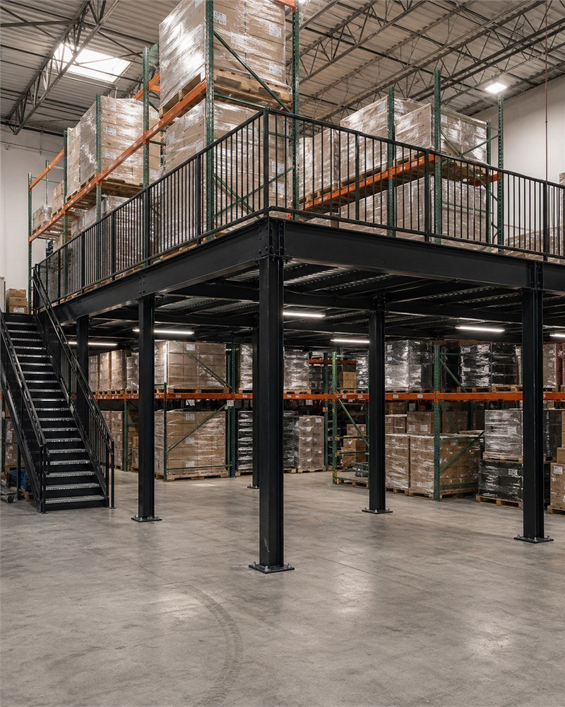 Single-tier storage mezzanine installed inside an Ontario warehouse with pallet racking on the deck and an access stair tower