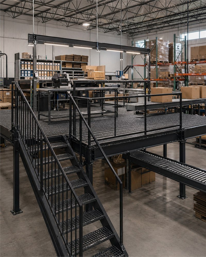 Steel work platform installed for picking and pack-out operations in an Ontario fulfillment facility